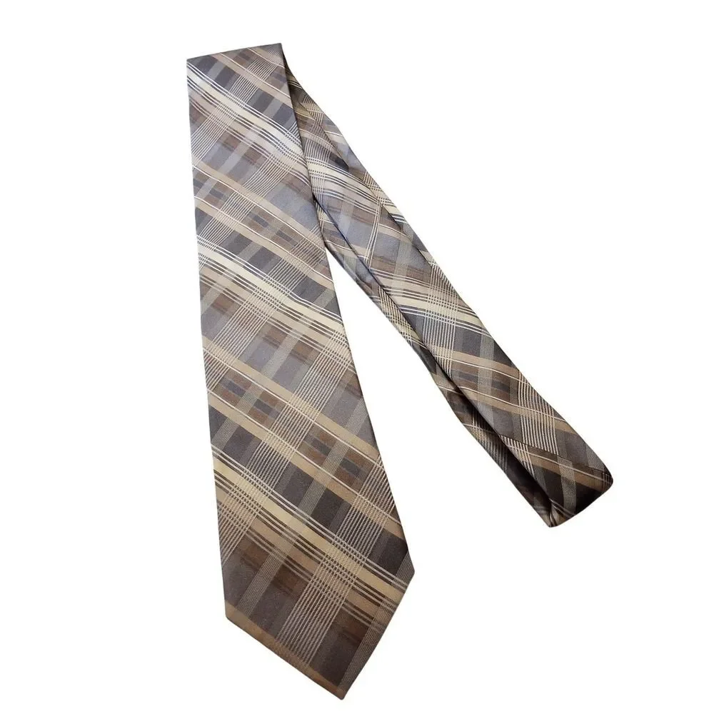 Antonio Fellini Mens Silk Tie Grey Brown Tan Plaid Hand Made Necktie Classic